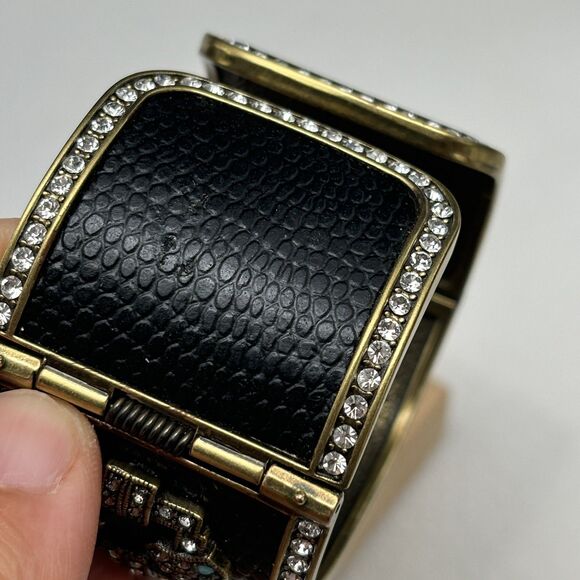 Heidi Daus Art Deco Wide Cuff Bracelet Black Leather Look Rhinestone Turquoise - Picture 10 of 10
